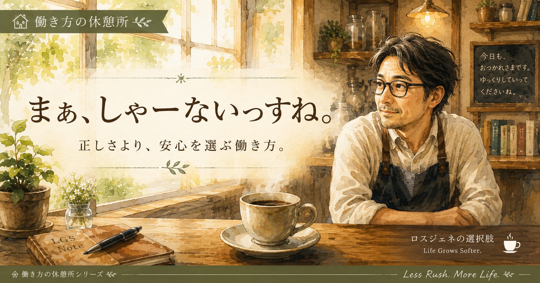 古い喫茶店で「まぁ、しゃーないっすね。」という働き方を表現した水彩風イラスト